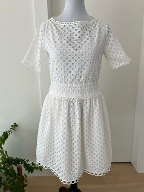 CARVEN White Lined Broderie Anglaise Eyelet Dress Fit & Flare Summer Party Event